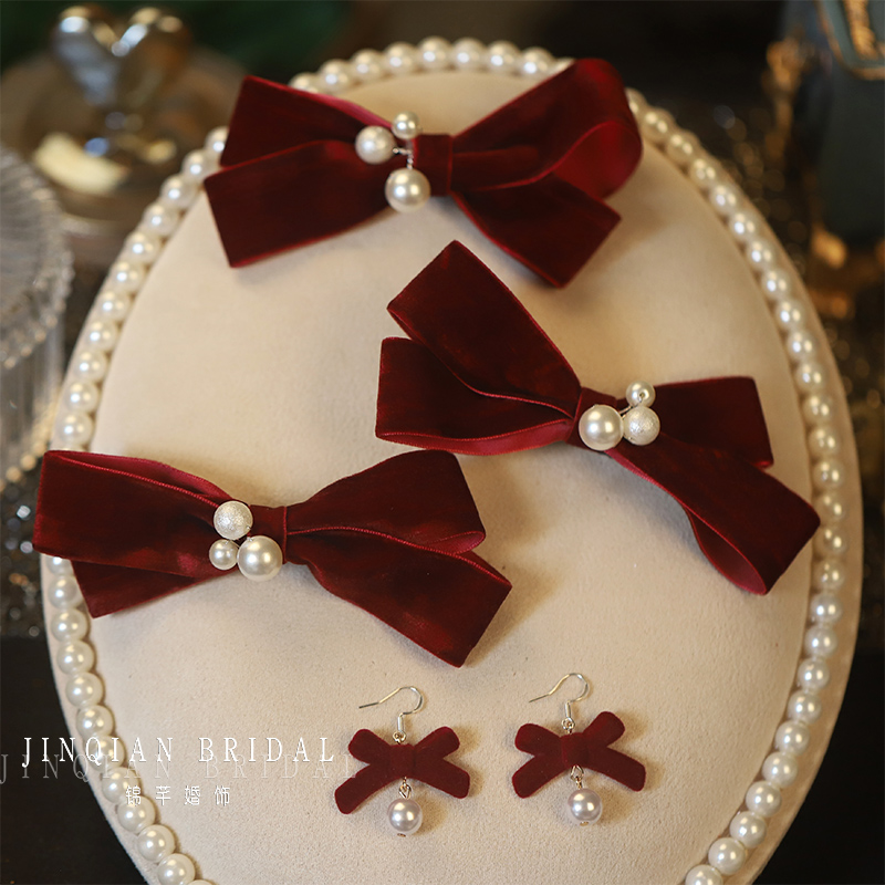 酒红色串珠水晶蝴蝶结发夹