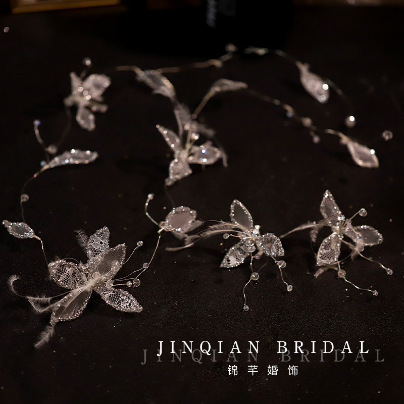 韩式镂空水晶花瓣羽毛发带耳环发饰套装新娘头饰轻奢造型高级配饰
