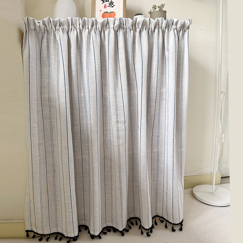日系条纹亚麻门帘家居卧室隔断帘松紧带流苏装饰复古条纹现代简约