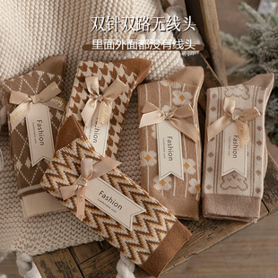 费尔岛双针双路袜子女秋季棉袜女中筒袜复古风民族风长袜ins潮