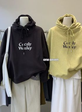 oneseven秋冬新款韩版宽松显瘦百搭连帽加绒加厚字母印花卫衣女潮