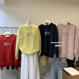 oneseven韩式休闲风字母印花圆领红色卫衣女宽松百搭加绒显瘦上衣