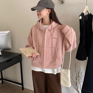 oneseven2024韩版宽松短款刺绣连帽卫衣帽衫开衫女外套加绒加厚