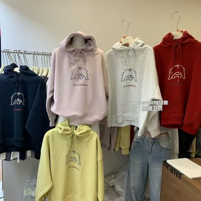 加绒松弛感粉色卡通印花长袖连帽