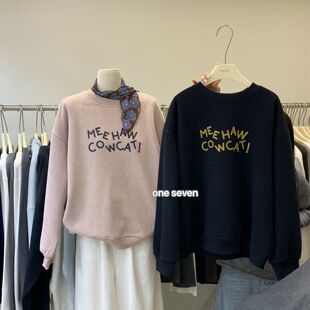 oneseven秋冬韩版字母印花圆领卫衣女加绒宽松百搭休闲上衣可爱潮