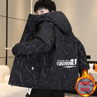 秋冬青少年加绒加厚夹克男初中高中学生ins帅气短款风衣连帽外套