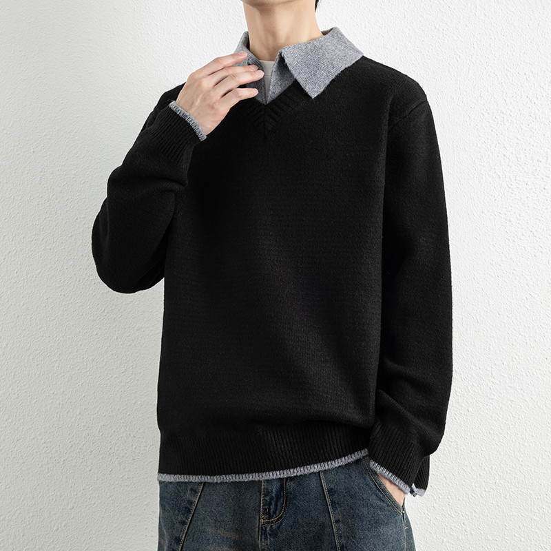 假两件毛衣男2025新款秋冬季衬衫领针织衫高级感英伦风叠穿上衣潮