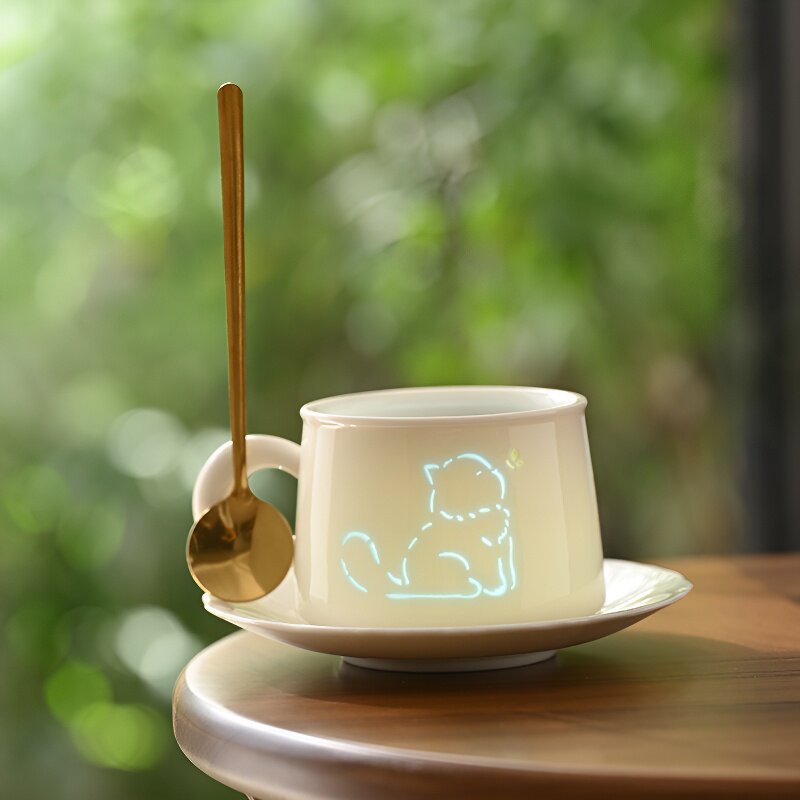 简约透光咖啡杯玲珑陶瓷猫狗对杯马克杯创意水杯礼盒装生日礼物图片