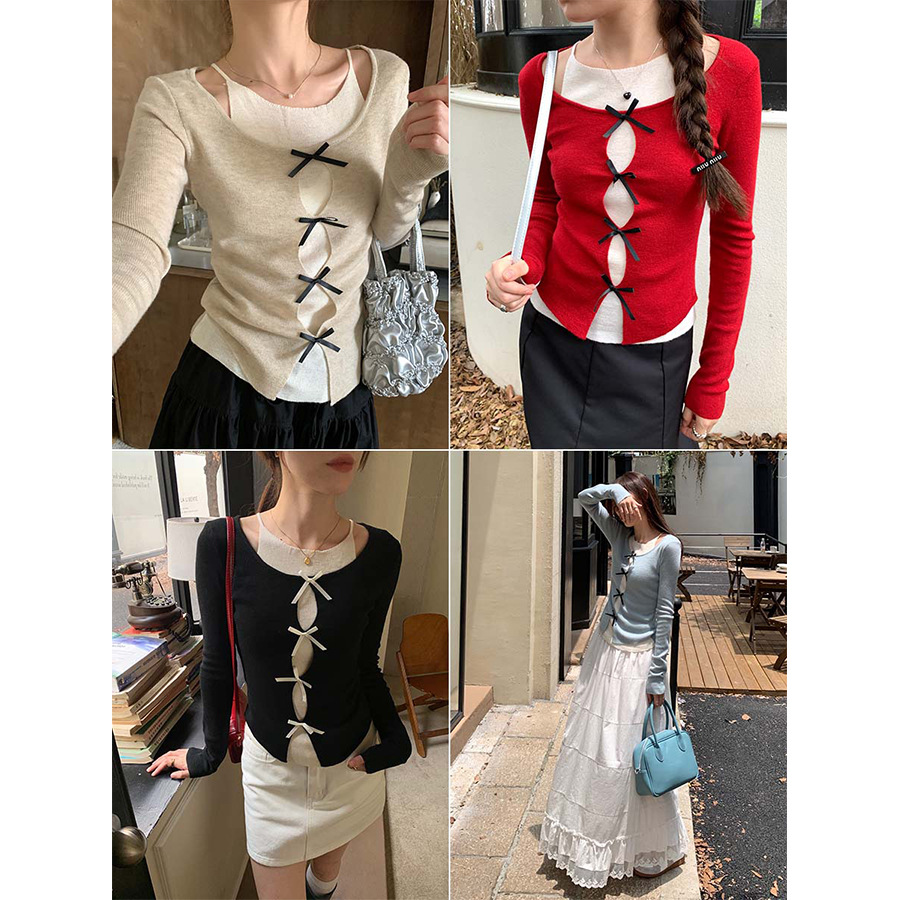 甜辣假两件蝴蝶结针织衫女2024秋季韩版显瘦打底长袖143MY628