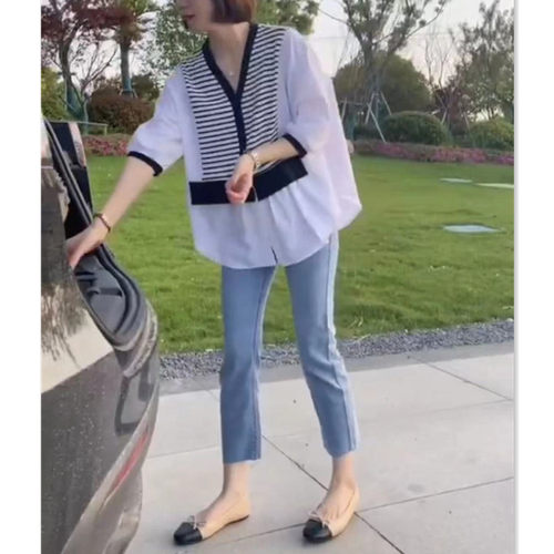 今年流行特惠88538大爱美依缘2026夏季新款设计感条纹V领衬衫女