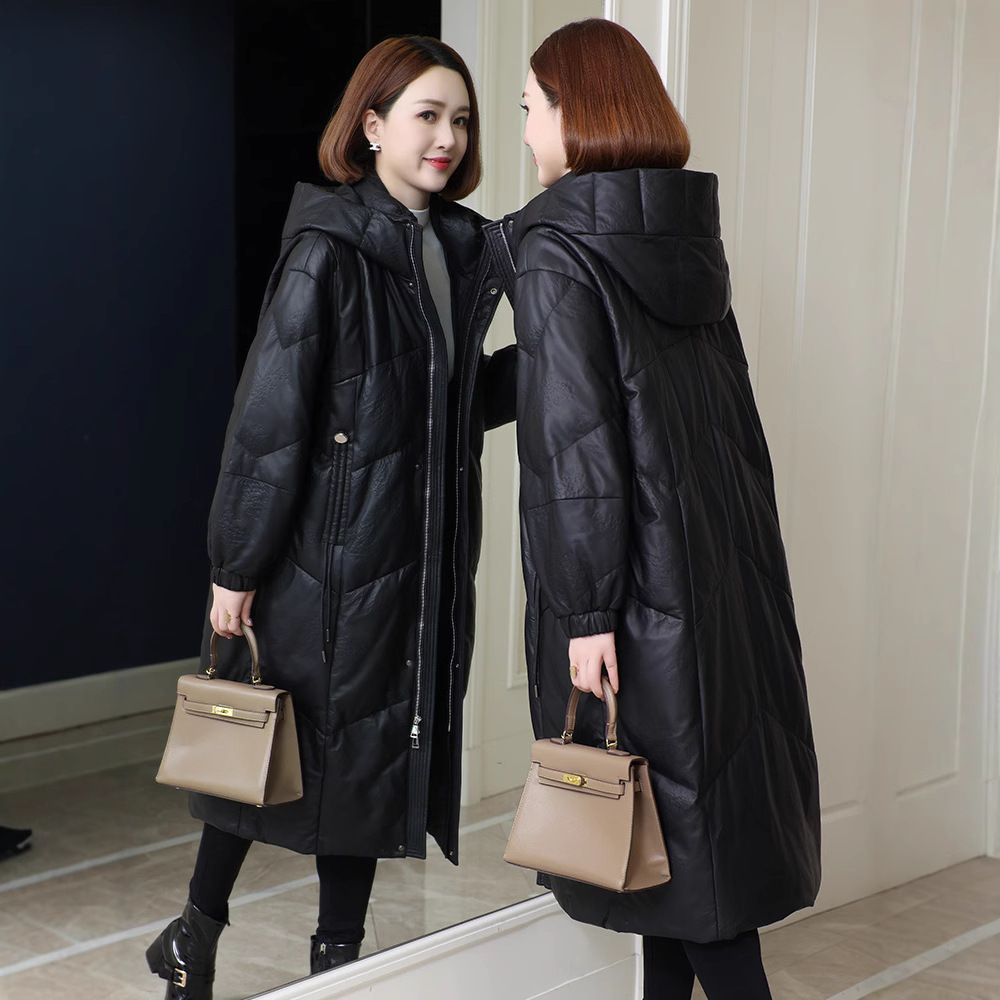 今年流行特惠海宁新款真皮皮衣羽绒服绵羊皮中长款连帽白鹅绒内胆