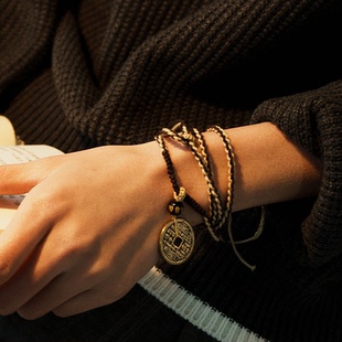 贰狸「福禄」禅意山鬼花钱项链纯黄铜钱手链新中式国风男女毛衣链