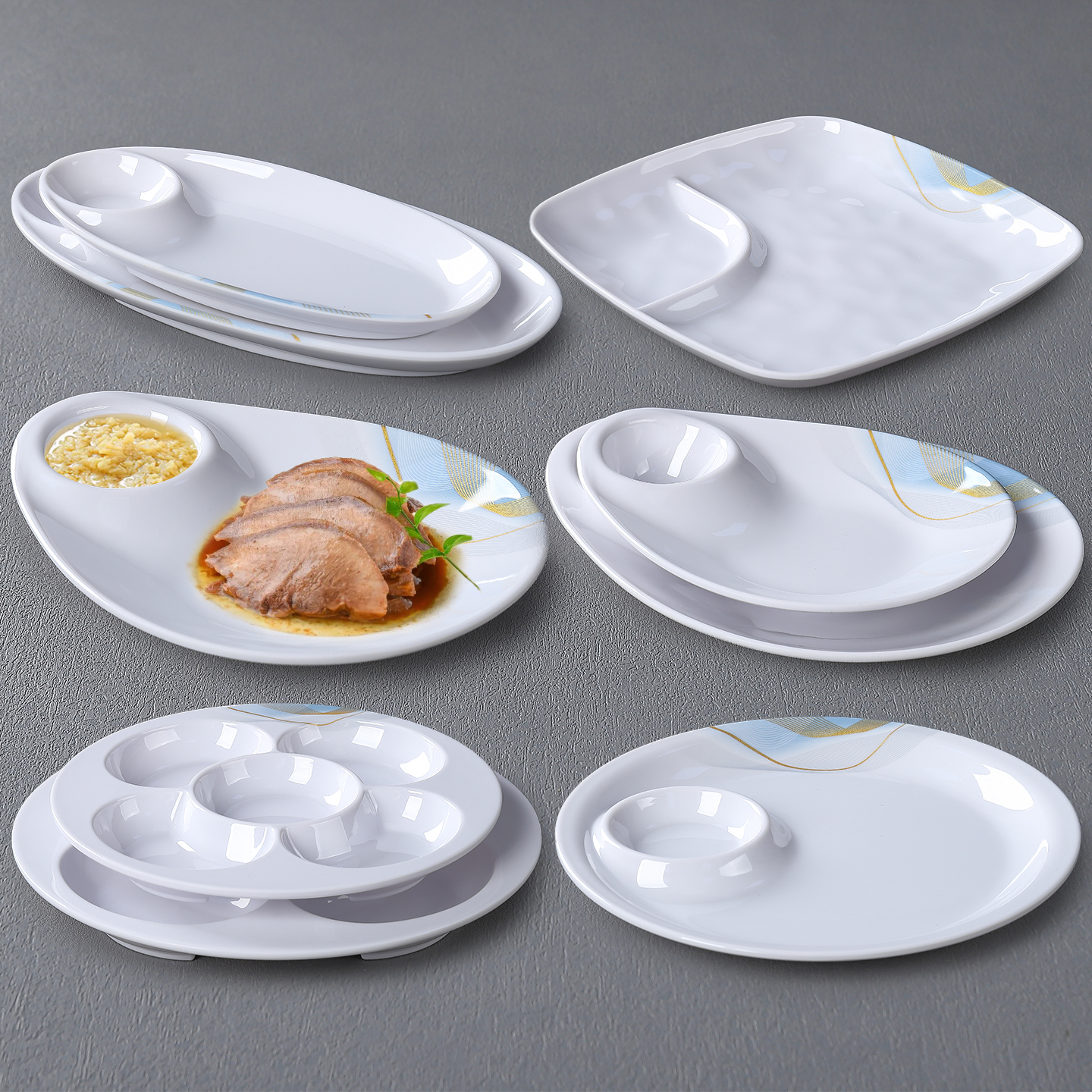 密胺酒店餐厅分格餐盘带酱料碟