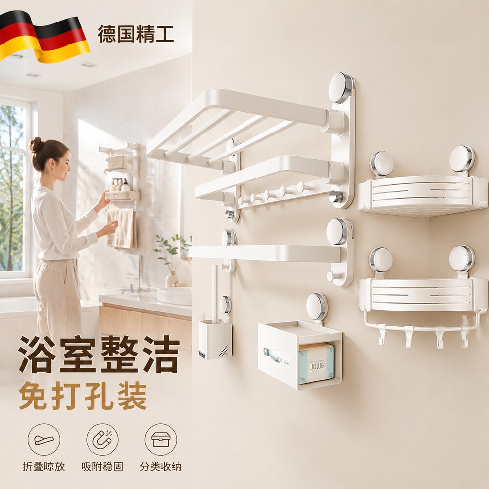 德式奶油风吸盘毛巾架免