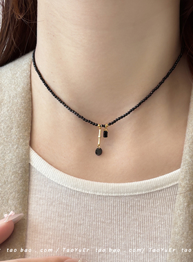 桃予儿黑色水晶串珠小众锁骨链