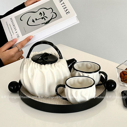 复古黑褶皱陶瓷水壶茶具套装