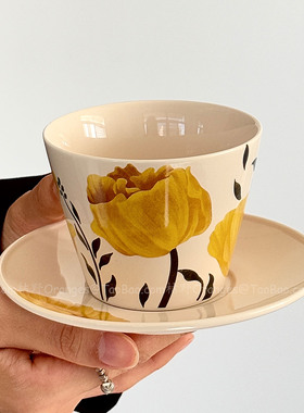 复古虞美人陶瓷咖啡杯碟手握杯拿铁拉花杯手冲杯下午茶花茶杯礼物