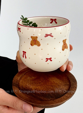 Oranges复古小熊蝴蝶结陶瓷手握杯水杯咖啡杯拉花拿铁杯小众礼物
