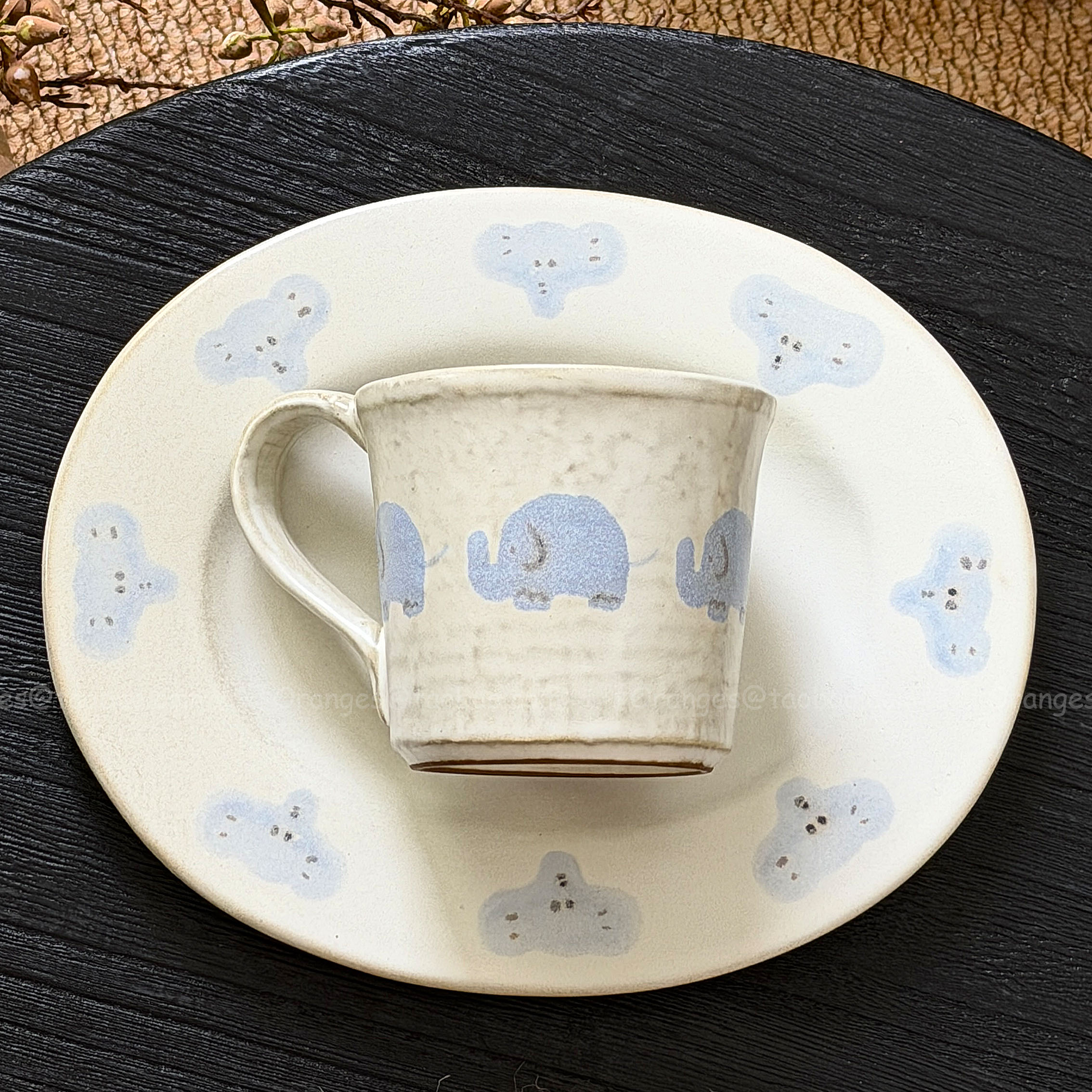 景德镇手作粗陶蓝小象陶瓷餐具
