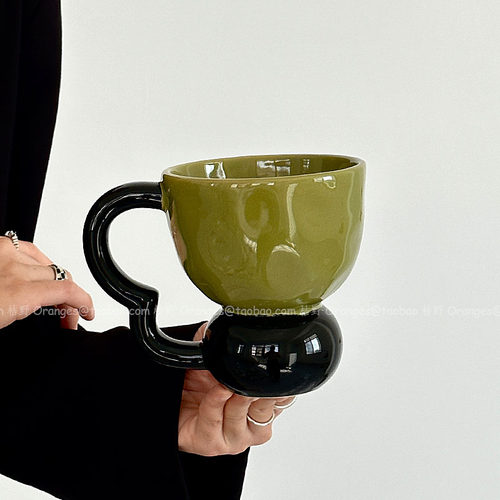 复古绿黑撞色手捏马克杯咖啡杯