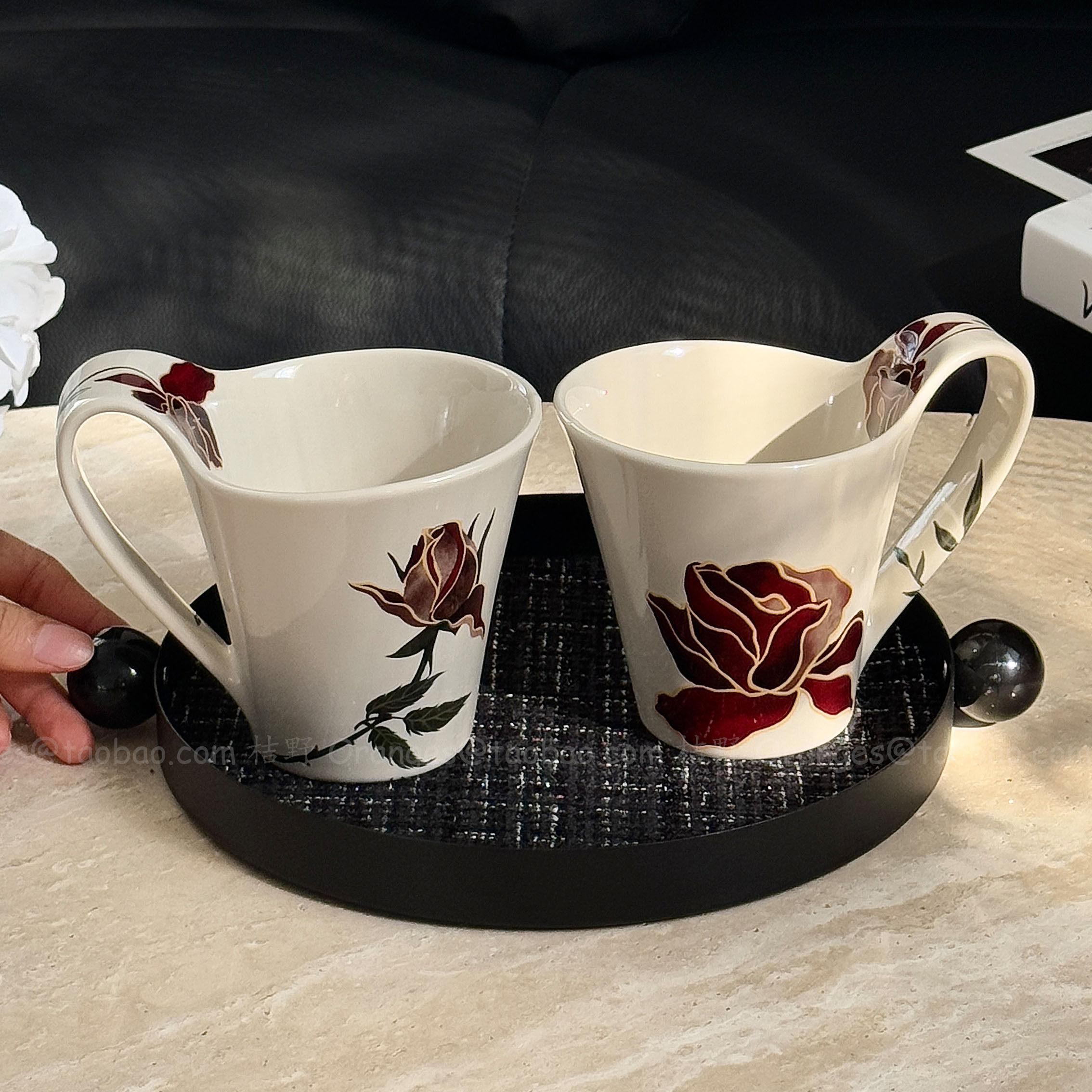棕玫瑰复古陶瓷情侣对杯套装