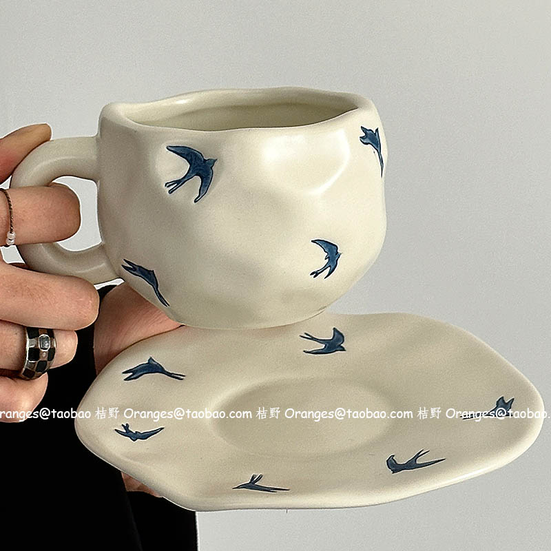 限定复古哑光白燕子归咖啡杯碟