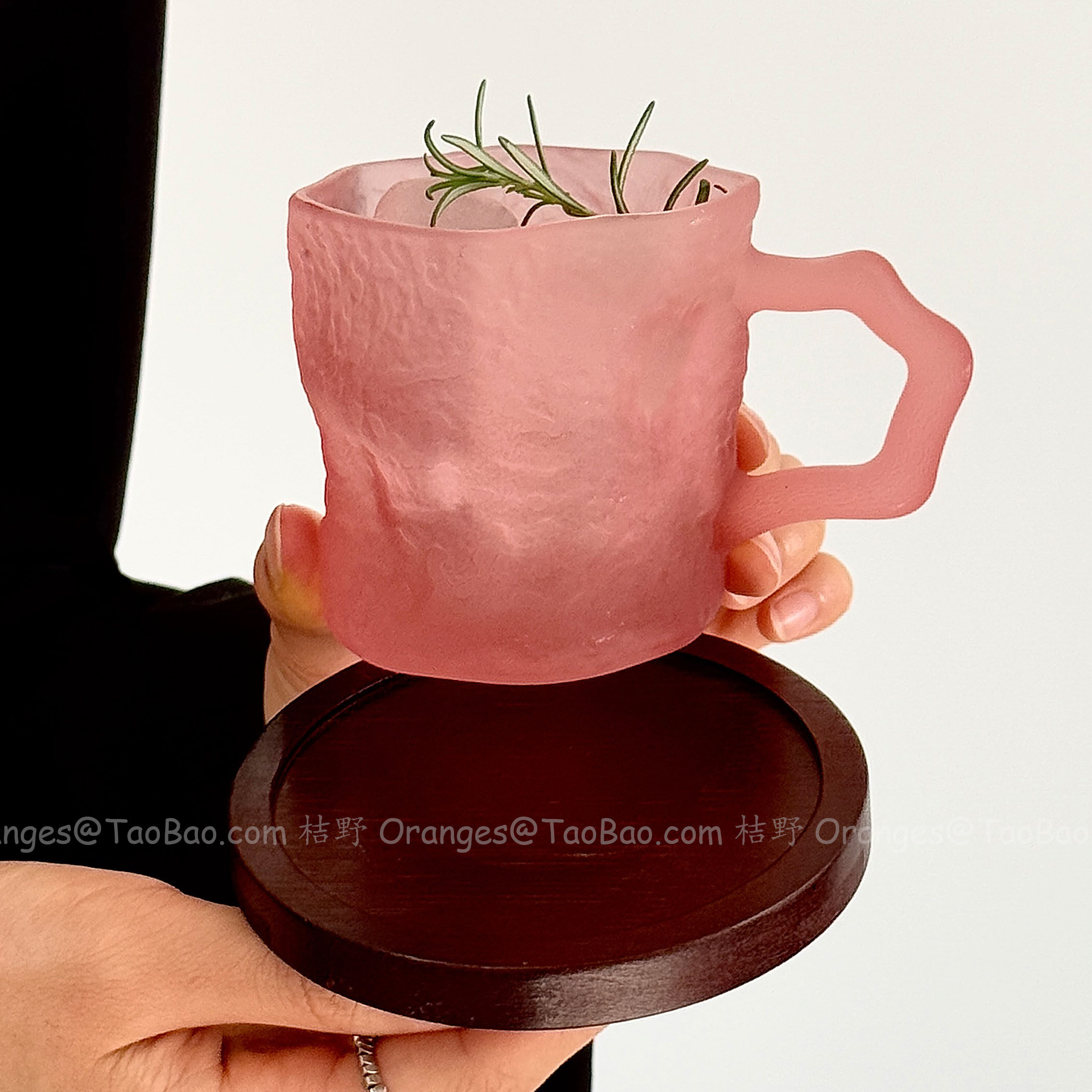磨砂粉冰川玻璃带把咖啡杯