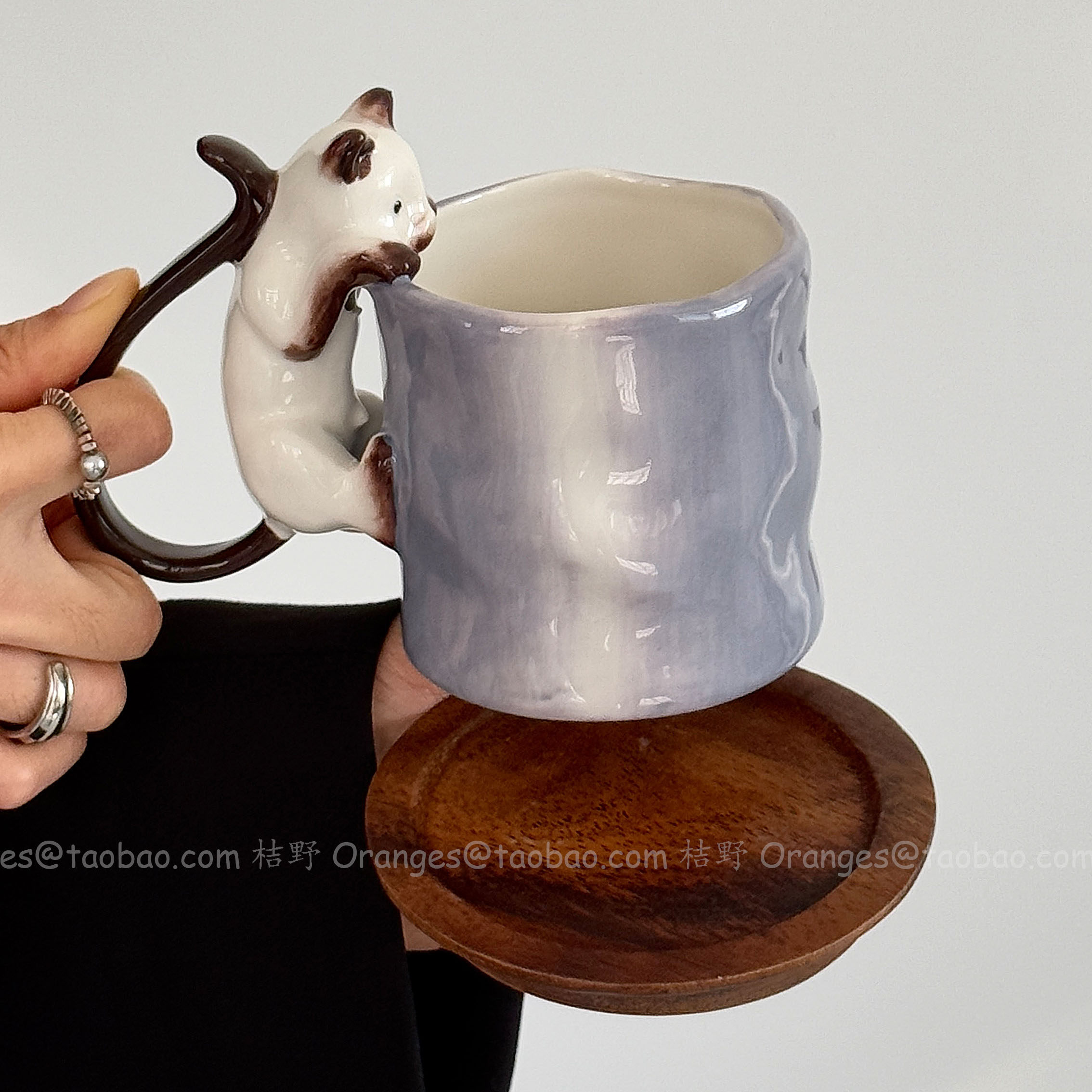 Oranges手作立体暹罗猫渐变紫马克杯陶瓷杯大容量水杯咖啡杯礼物