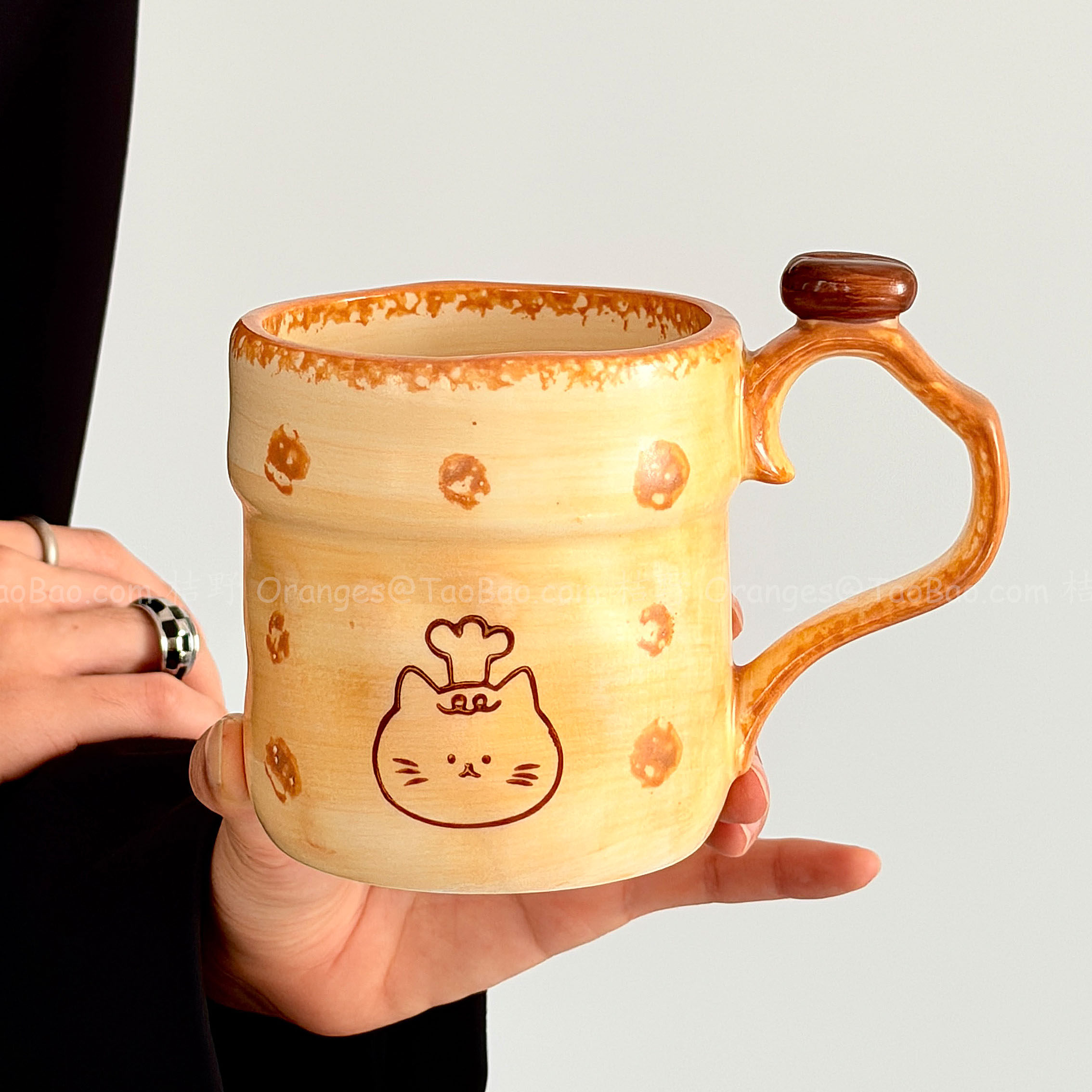 手作复古可爱焦黄猫咪陶瓷马克杯咖啡杯大容量办公室情侣水杯礼物