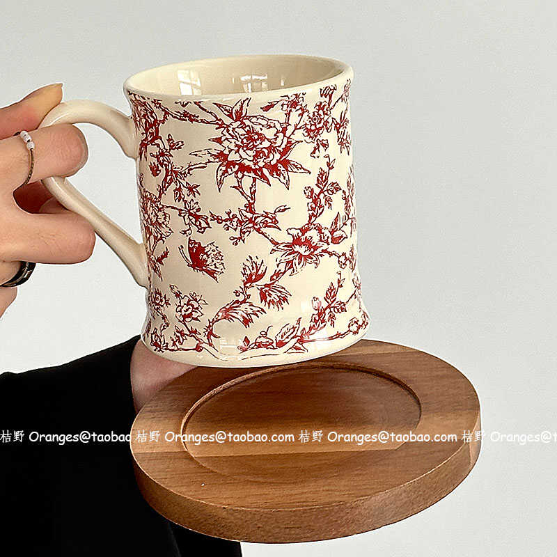 Oranges限定复古墨红蝶念花马克杯大容量水杯陶瓷杯小众原创礼物
