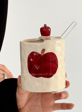 Oranges复古立体手绘红趣苹果陶瓷手握杯水杯咖啡杯奶茶杯果汁杯