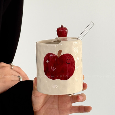立体手绘红趣苹果陶瓷手握杯水杯