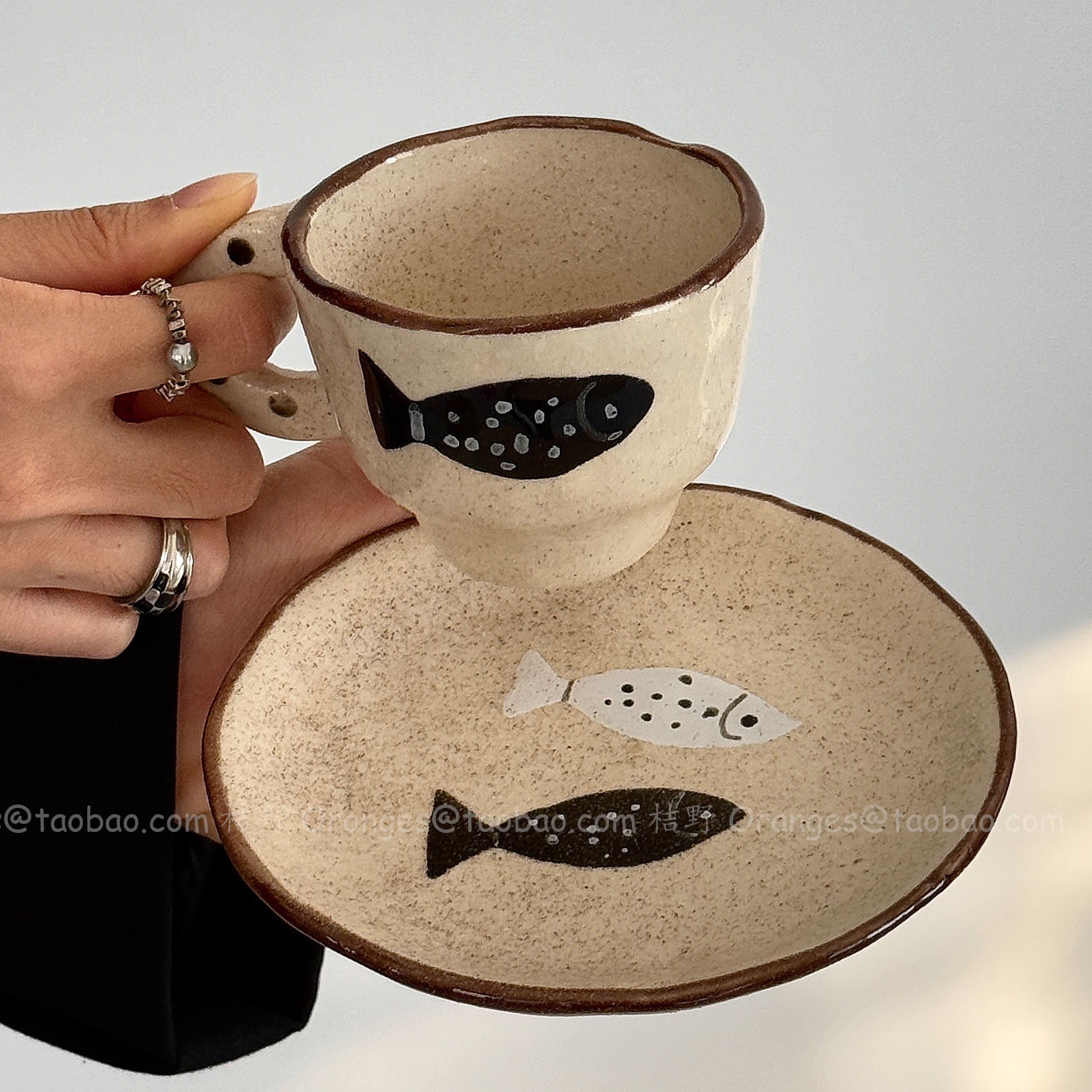日式复古手作粗陶双鱼拿铁咖啡杯