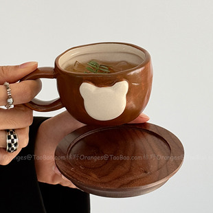 Oranges复古手作浮雕趣萌棕小熊陶瓷杯水杯马克杯拉花拿铁杯礼物