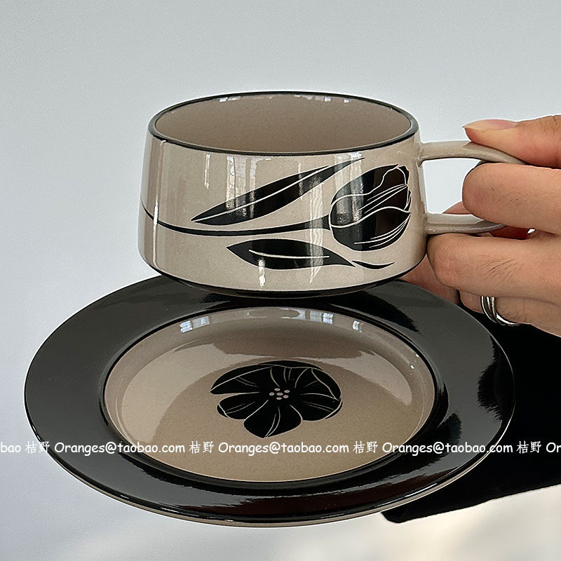 限定中古手绘墨画金枝咖啡杯碟