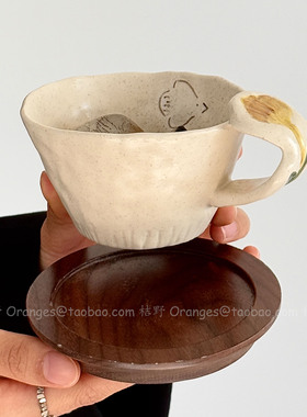Oranges复古手作浮雕泥上花语飞鸟陶瓷杯马克杯拉花拿铁杯子礼物