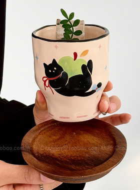 Oranges复古手作青趣猫咪手握杯陶瓷水杯拿铁咖啡杯小众原创礼物