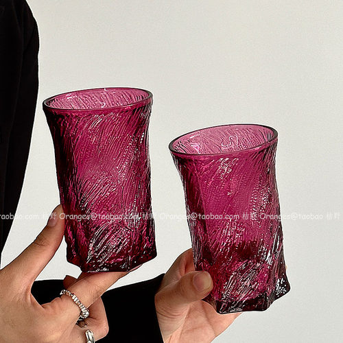 玫红色冰川玄冰纹玻璃水杯饮料杯