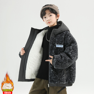 男童秋冬加绒外套洋气2025新款儿童冬季加厚毛毛衣连帽保暖棉服潮