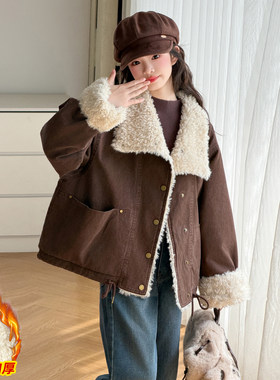 女童秋冬加绒外套时髦美拉德风衣