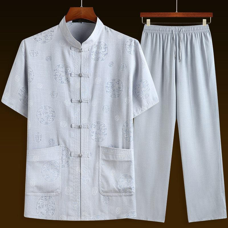 唐装男中老年爷爷夏装男士老年人衣服爸爸装50中国风短袖棉麻套装