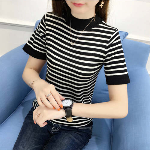 2025年春夏装短袖T恤女毛衣女半高领黑白条纹打底衫女针织衫女