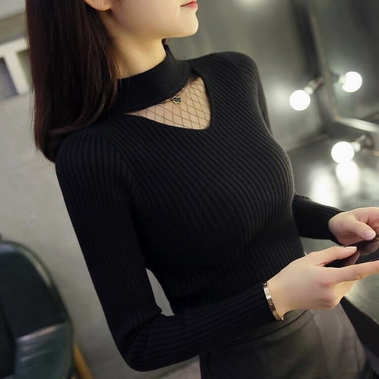 毛衣女韩版半高领蕾丝网纱镂空新款秋冬季加厚百搭打底针织衫上衣