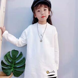 女童加绒白色洋气打底衫春秋新款中大童加厚百搭笑脸破洞长袖T恤