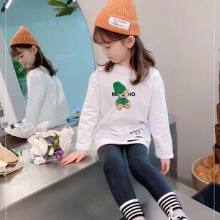 女童中长款加绒打底衫秋冬新款中大儿童洋气破洞白色圆领长袖t恤