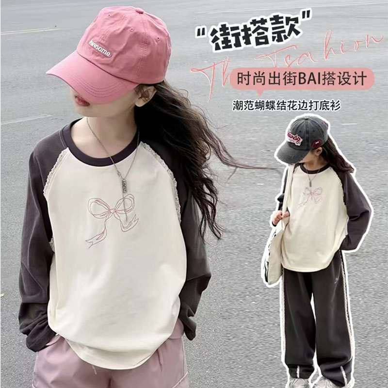 女童长袖t恤春秋儿童洋气拼色圆领中大童秋冬加绒百搭纯棉打底衫