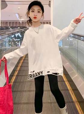 女童网红中长款洋气破洞长袖t恤