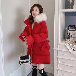 韩版红色收腰大毛领中长款羽绒棉服女秋冬爆款大码洋气设计感外套