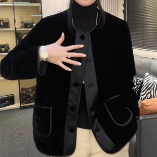 丝绒面料压格圆领棉服棉衣外套高端质感丝绒压棉短外套女冬舒适