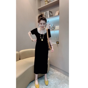 2025年早秋款女装黑色金丝绒修身简约独特洋气上衣连衣裙金丝绒